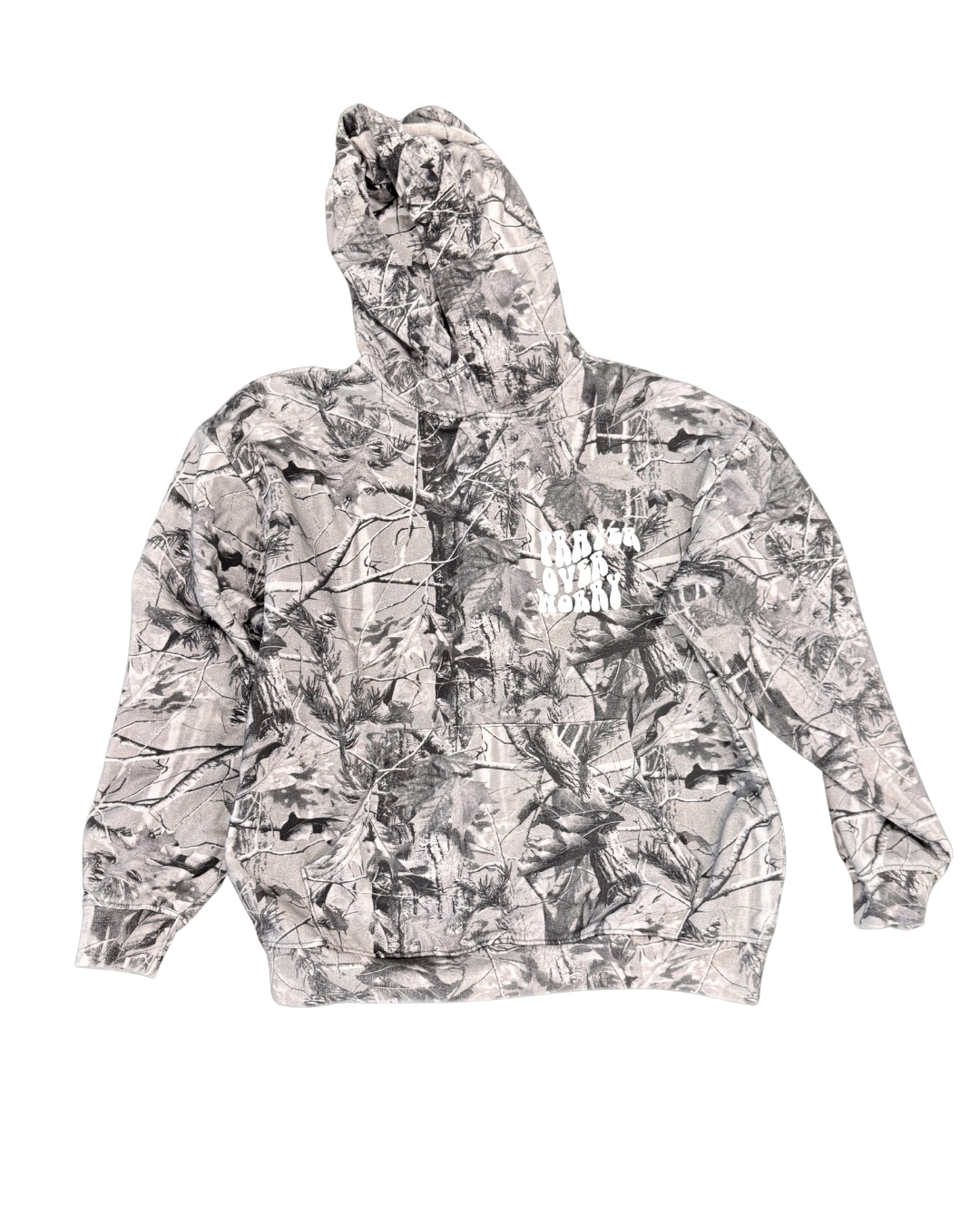 Prayer Over Worry Camo Hoodie in Grey, front